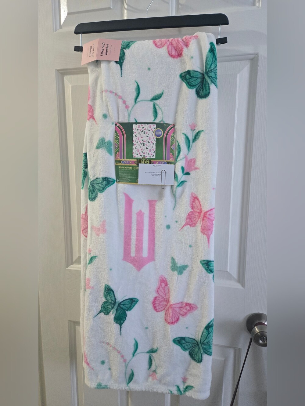 Wicked White Throw Blanket, Pink, Green, Butterflies, New
